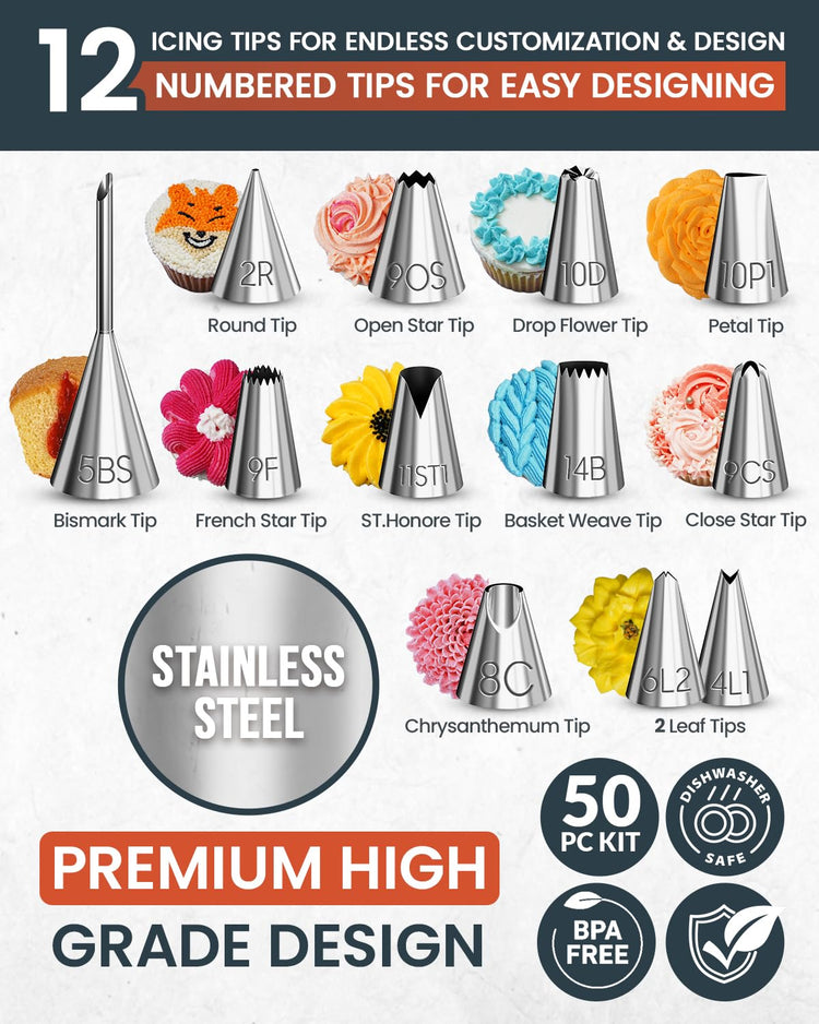 50PCs Cake Decorating Supplies Kit with 12" Aluminum Rotating Cake Turntable Stand