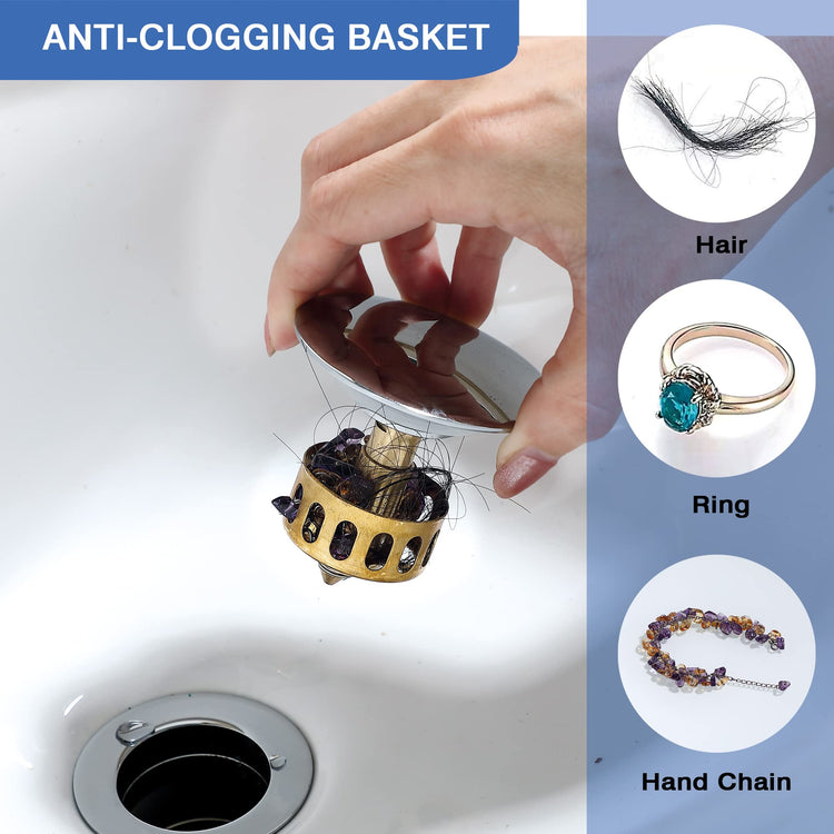 Stainless Steel Pop up Drain for Bathroom Sink Inst Sink Drain with Detachable Basket