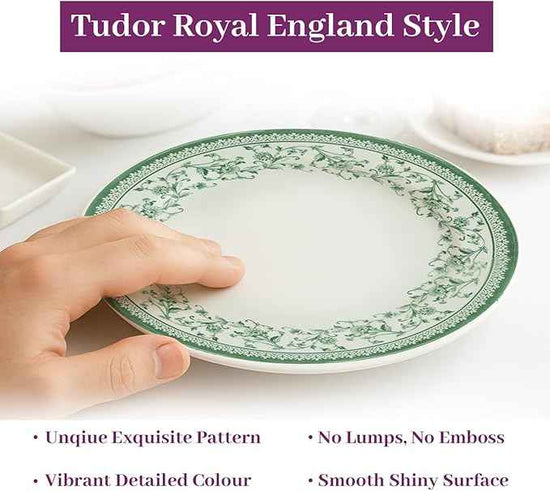Tudor Royal 12-Piece Round Porcelain Dinnerware Set, Service for 4 - Aster Green Design, Multicolor Floral, Plates Bowls Mugs Dishes, Premium Quality Tableware, Unique Pattern, Glossy