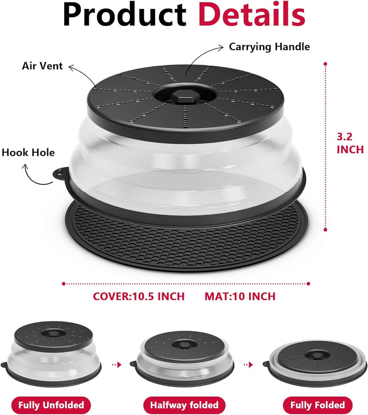 WVM Microwave Splatter Cover & Mat, Vented Collapsible Splatter Guard dish Plate lid & Silicone Round Kitchen Mat for Food, Meal Prep, Black