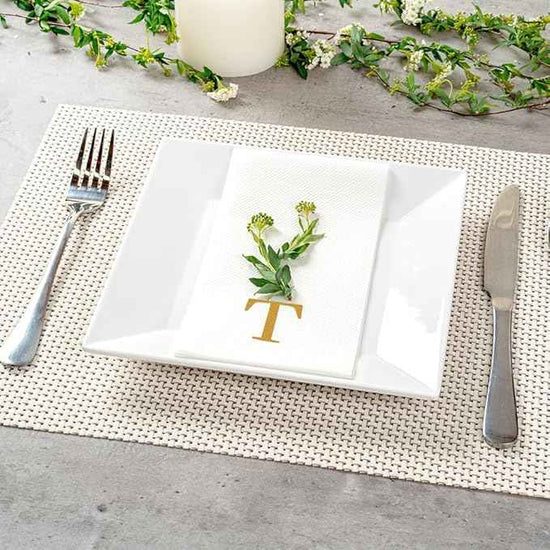 Luxenap 15.8 X 7.9 Inch Linen-Feel Guest Towels, 2000 Lettered Hand Towels - Gold Letter 'T', Sans Serif Font, White Paper Dinner Napkins, airlaid, For Restrooms And Tables