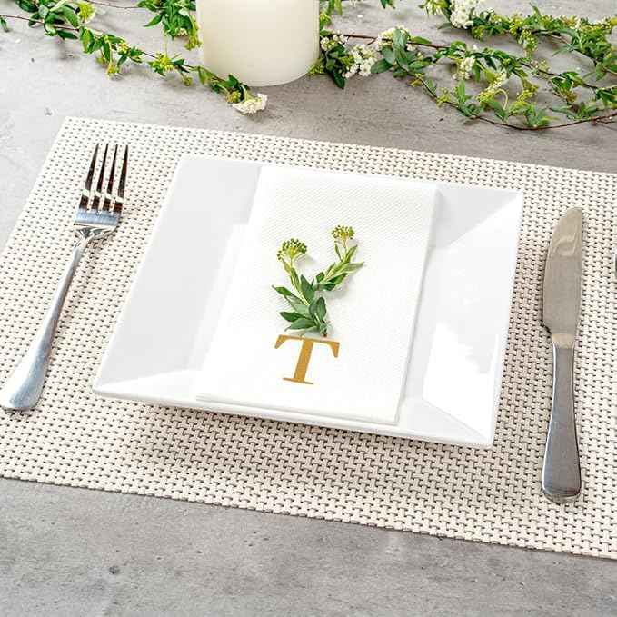 Luxenap 15.8 X 7.9 Inch Linen-Feel Guest Towels, 2000 Lettered Hand Towels - Gold Letter 'T', Sans Serif Font, White Paper Dinner Napkins, airlaid, For Restrooms And Tables