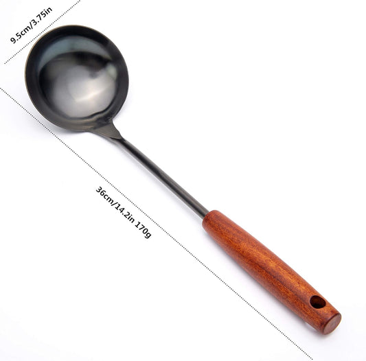 Soup Ladle 14.2 inches Wok Utensils Stainless Steel Soup Ladle Rust Proof Soup Ladle With Ergonomic Wooden Handle Soup Serving Spoon Ladles For Cooking, Gravy, Sauces, and More