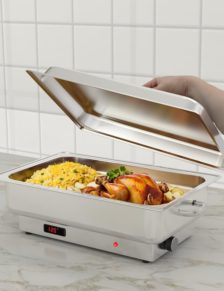 Electric Chafing Dish, 9QT Rectangular Full-Size Buffet Stainless Steel Chafing Dish Set, Commercial Food Warmer with Temperature Control Display for Parties, Catering, Festivals