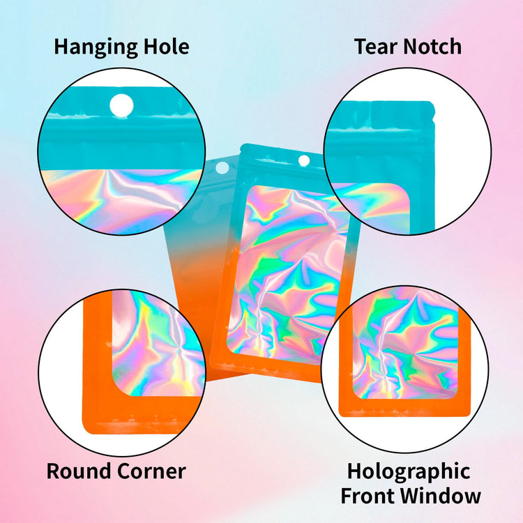 200 Pack Resealable Mylar Holographic Bags Food Storage Smell Proof Bags with Front Window Foil Packaging Pouch for Candy Sample Jewelry Small Business 4.13×5.91 Inch (200 Count)