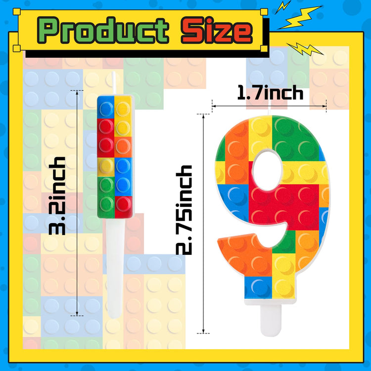 7 Pcs Building Block Themed Birthday Candles Set Building Blocks Number 9 Candle Cake Topper for Building Block Party Decoration Supplies (7 Count)