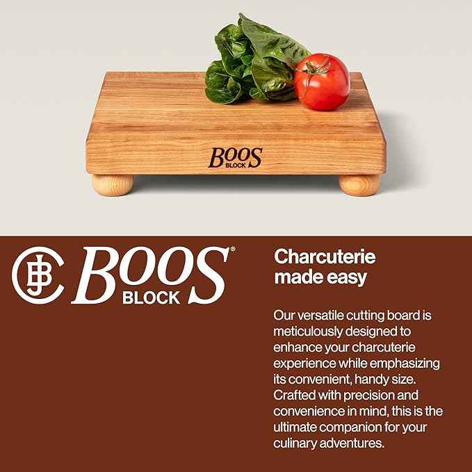 John Boos B Series Square Wooden Maple Cutting Board 12”x12” – 1.5” Thick, 6-lb Non-Reversible Butcher Block with Wood Bun Feet & Edge-Grain