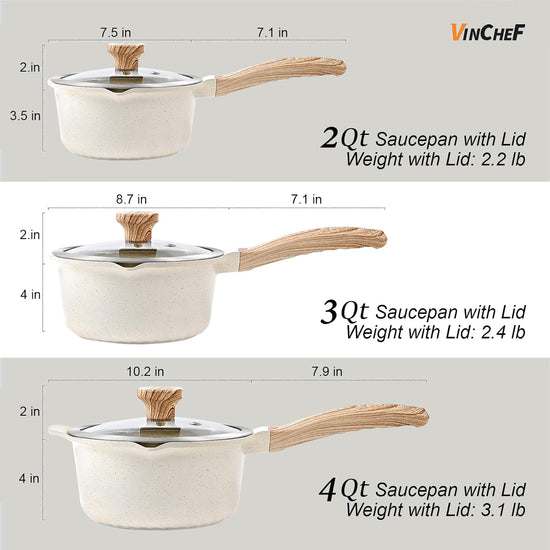 VINCHEF Sauce Pan Set with Lid 10PCS, 3 White Non Stick Cooking Pots Induction pot sets, Saucepan Set with Silicone Tools and Pot Protectors, PFAS and PFOA Free (2QT+3QT+4QT) - Nestoria