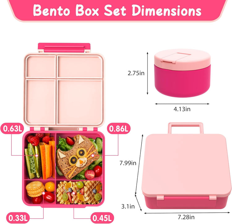 Bento Lunch Box with 8oz Soup Thermo, Leak-Proof Lunch Containers with 4 Compartment, Thermo Hot Food Jar and Insulated Lunch Box for School Pink