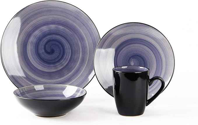 16-Piece Dinnerware Set - Serves 4, Black and Speckled Purple Plates & Bowls Set | Microwave & Dishwasher Safe Mix Cobalt, Mocha, Rose, Spice