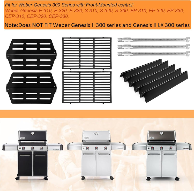 Grill Parts Replacement For Weber Genesis 300 Series E310, E320,E330,S310, S320, S330, EP310, EP320, EP330 with Front-Mounted Control,7620 Flavor Bar 62752 Burner 7524 Grates,7622 Heat Deflector
