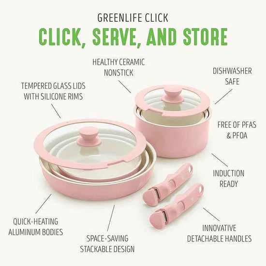 GreenLife 10 Piece Nonstick Pots & Pans Set, Detachable Handle & Stackable Cookware Set, Non Toxic PFAS-Free Skillets, Induction Kitchen Pans, Space Saving, Serving Bowls, Oven Safe, Light Pink