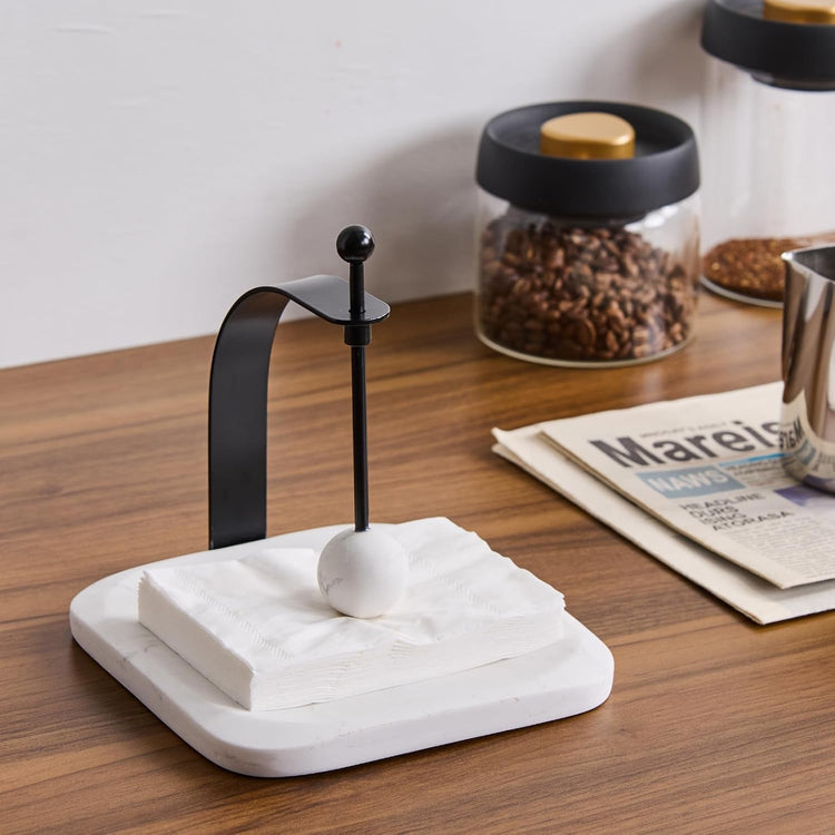 White Marble Napkin Holder - Decorative Square Paper Napkin & Towel Holder for Kitchen, Restaurant, Bathroom - Durable Resin Table Organizer - Stylish Home Gift