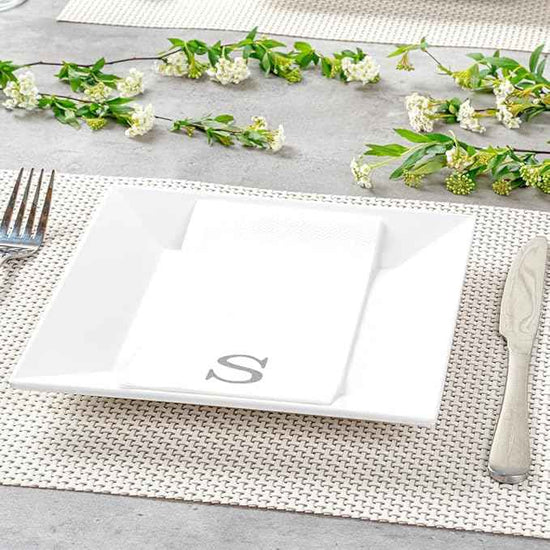 Luxenap 15.8 X 7.9 Inch Linen-Feel Guest Towels, 50 Lettered Hand Towels - Silver Letter 'S', Sans Serif Font, White Paper Dinner Napkins, airlaid, For Restrooms And Tables - Restaurantware