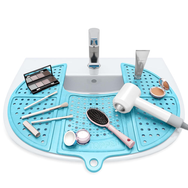 Sink Topper Bathroom Counter Cover & Storage Saver, Foldable Mat for Hot Tools, Hair Styling & Makeup, Beauty Brush Cleaning Mat, RV Camper Sink Cover & for Small Spaces (Standard Pacific Blue)