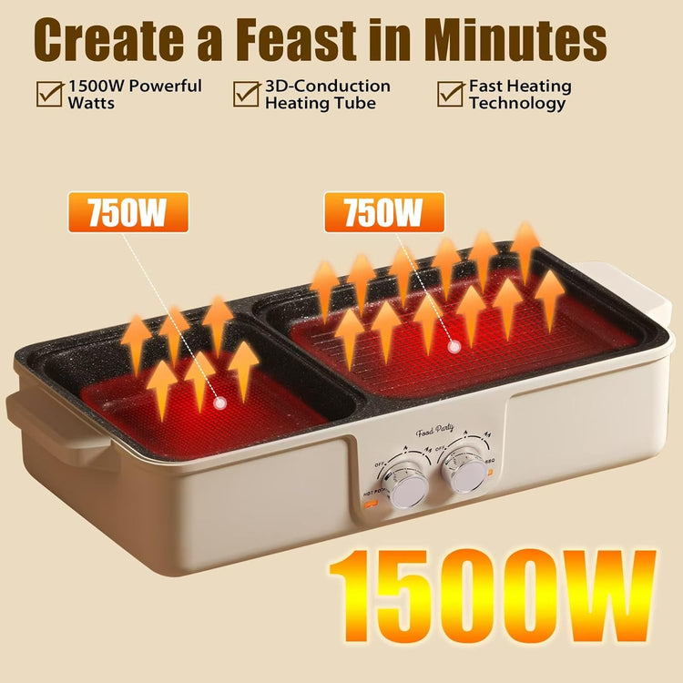 Food Party Hot Pot Electric Grill 2 in 1 Korean BBQ Grill Indoor Smokeless Hotpot Pot Electric Cooker Sahabu Shabu Pot Non Stick (Large)