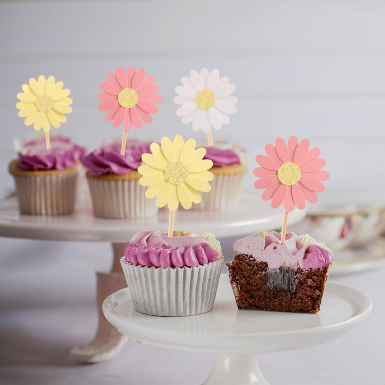 24Pcs Daisy Cupcake Toppers Glitter Flower Daisy Cake Decorations Chrysanthemum Cupcake Toppers Spring Daisy Flower Cake Picks for Birthday Wedding Supplies Multi 2 (24 Count)