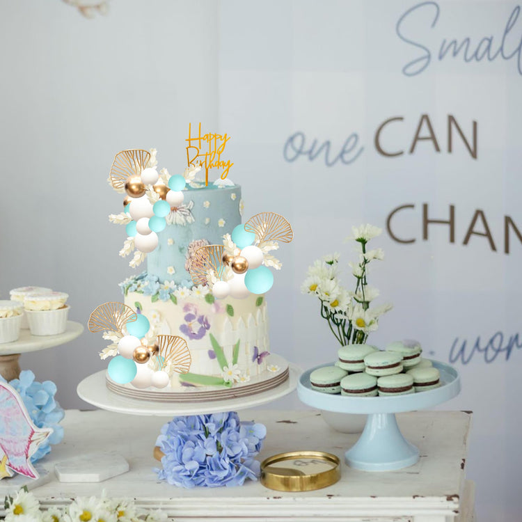 57Pcs Balls Cake Topper Boho Grass Cake topper Pearl Balls Acrylic Happy Birthday Cake Decorations for Wedding Baby Shower Birthday Boho Themed Party Supplies Light Blue (57 Count)