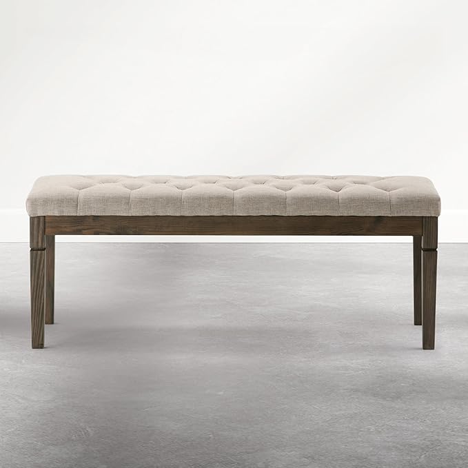 SIMPLIHOME Waverly Tufted Ottoman Bench - 48 inch Wide Upholstered Linen Look Fabric Rectangle Footstool Ottoman in Wheat Beige, Traditional Bench for Entryway or Living Room with Carved Legs