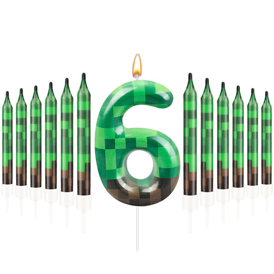 13 Pcs Dynamite Candles 12 TNT Themed Birthday Cake Candles and Number 6 Candle Cake Topper for Pixel Theme Birthday Party Anniversary Party Dynamite Theme Party Video Game Party Supplies (13 Count)