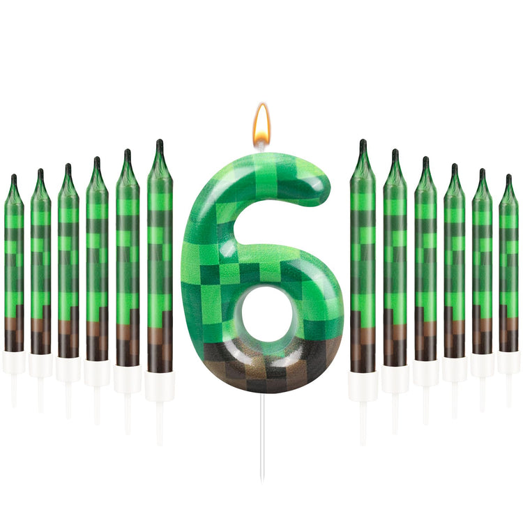 13 Pcs Dynamite Candles 12 TNT Themed Birthday Cake Candles and Number 6 Candle Cake Topper for Pixel Theme Birthday Party Anniversary Party Dynamite Theme Party Video Game Party Supplies (13 Count)