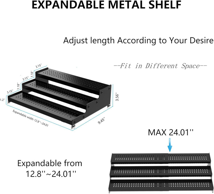 Expandable Spice Rack organizer with 3-Tier step shelf,Modern Design heavy duty,Non Skid and Visibility ,Great for Kitchen Cabinet,Bathroom,dressing table,Cupboard, Pantry and more(3PACKS/BLACK)