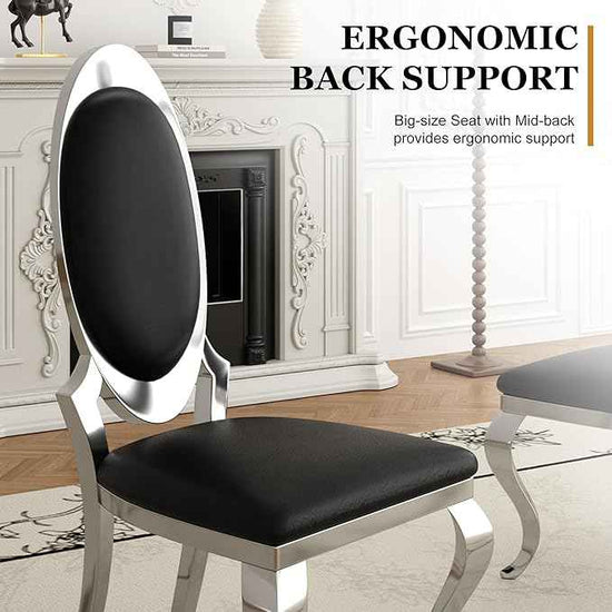 Modern Dining Chairs Set of 6, Luxury Faux Leather Upholstered Armless Dining Room Chair with Mirrored Stainless Steel Silver Legs, Mid Century Accent for Wedding Party Banquet Reception, Black