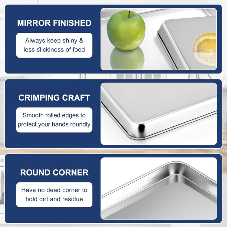 P&P CHEF 10.5 Inch Baking Cookie Sheet, Oven Pan Tray Stainless Steel Sheet Pan for Kitchen, Oven Bakeware for Multi Uses, Shiny Look & Dishwasher Safe, Healthy & Heavy Duty, 2Pcs