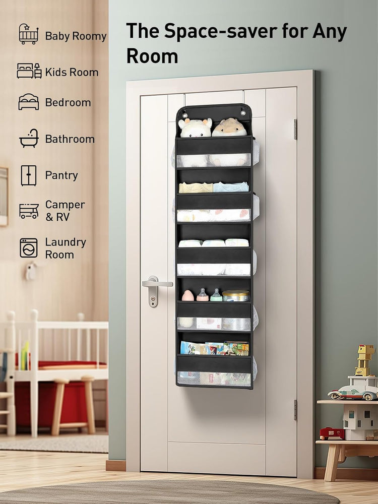 Yecaye 1 Pc Over the Door Organizer with 5 Bins 10 Side Pockets, 44lbs Load Hanging Bathroom and Bedroom Organizer, behind the Door Hanging Organizers for Nursery Newborn Baby Essential Stuff Black