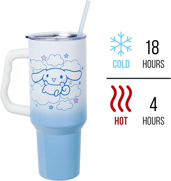 Silver Buffalo Sanrio Hello Kitty and Friends Featuring Cinnamoroll in Stars and Clouds Double Walled Stainless Steel Tumbler with Handle and Straw, Fits in Standard Cup Holder, 40 Ounces