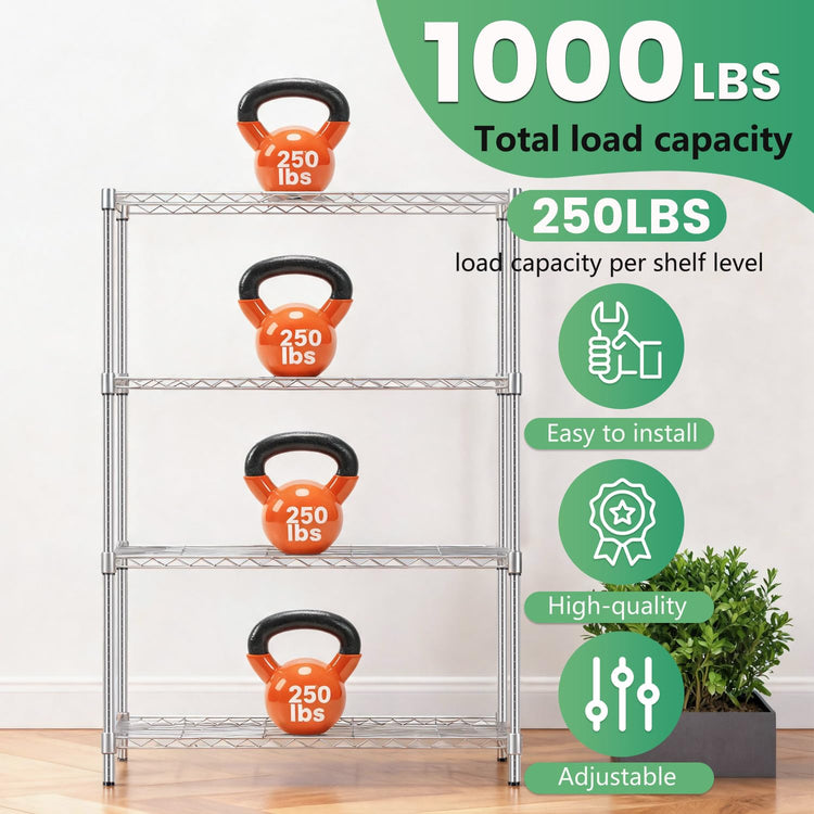 14" D×36" W×54" H Commercial Wire Shelving Unit Metal Shelf with 4 Tier Adjustable Layer Rack Strong Steel for Restaurant Garage Pantry Kitchen Garage