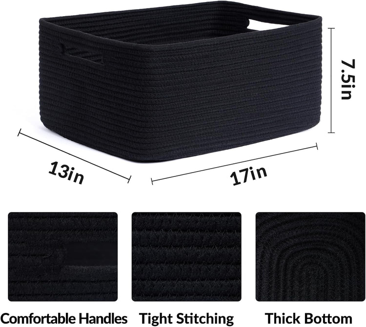 Large Storage Baskets for Shelves, Closet Organizers Bins for Clothes Blanket Towels, Baby Nursery, Toy Baskets Box, Woven Rope Baskets, 17 x 13 x 7.5”, 2 Packs Black