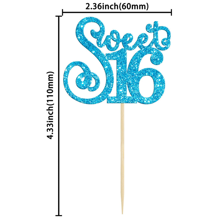 24 Pack 16th Birthday Cupcake Toppers Glitter Sixteen Happy Sweet 16 Cupcake Picks Cheers to 16 Years Old Cupcake Decorations for 16th Birthday Anniversary Party Supplies Light Blue (24 Count)