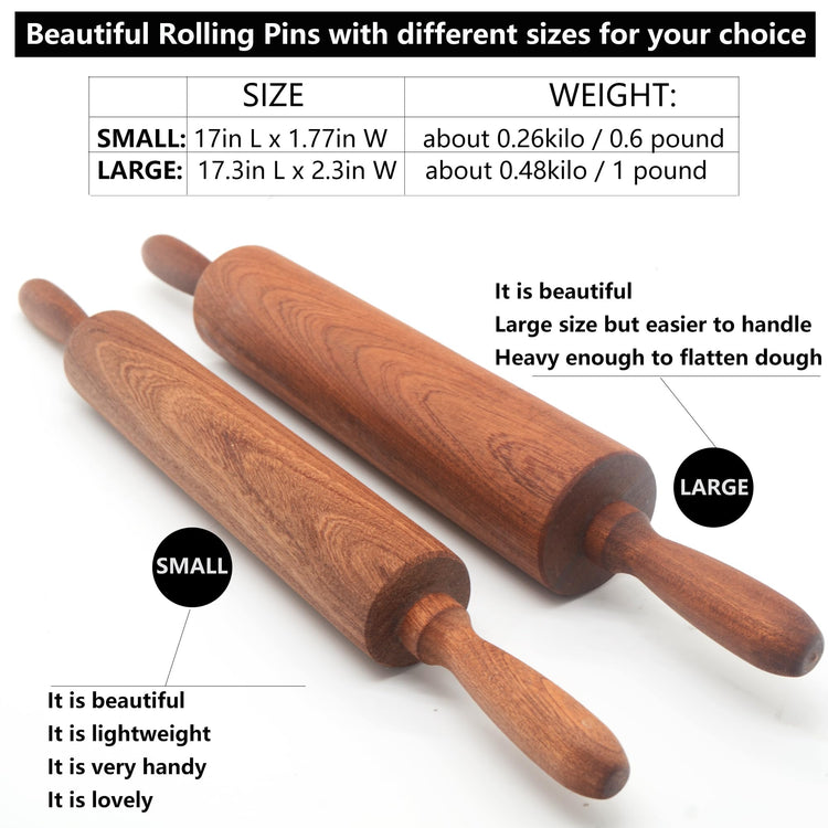 Classic Sapele Wooden Rolling Pin With Handles Large17.3"L x 2.3"W