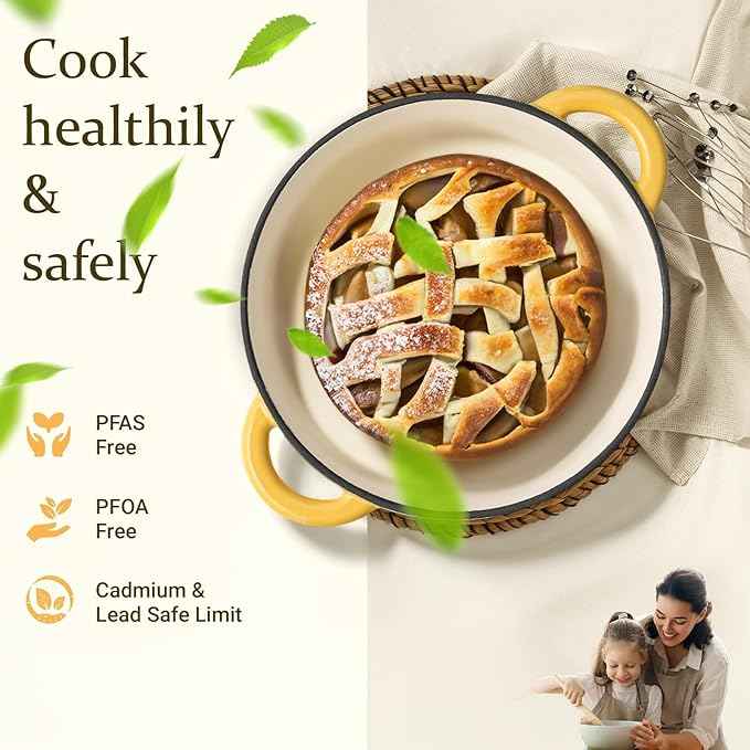 Overmont Enameled Cast Iron Dutch Oven - 5.5QT Pot with Lid Cookbook & Cotton Potholders - Heavy-Duty Cookware for Braising, Stews, Roasting, Bread Baking Goose Yellow