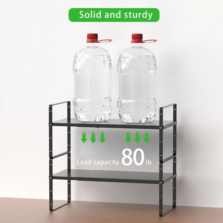 Expandable Cabinet Storage Shelf Stackable Organizer Rack for Kitchen Bathroom Pantry Spice Cupboard Countertop Home Office Desk Heavy Duty Nonslip Black Small 2 Pack