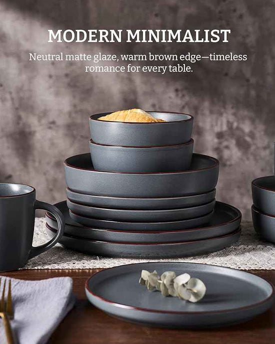 Famiware Mercury Plates and Bowls Sets, 18 Pieces Stoneware Dinnerware Sets, Dishes Set for 6, Microwave and Dishwasher Safe, Charcoal
