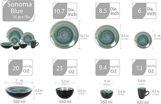 Stoneware Sonoma Dinnerware Set, Black + Speckled Spin Wash (56pc Set, Mix Blue, Green, Red, Yellow)