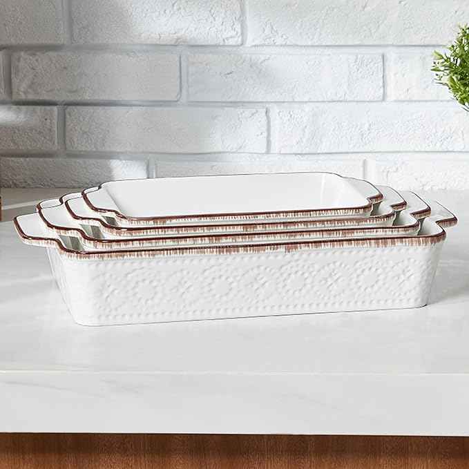 ONEMORE Casserole Dishes for Oven, Ceramic Baking Dish Set of 4, Non-Stick Lasagna Pans with Handles, Rectangular Bakeware Set for Cake, Roasting, Broiling, Gratin, Banquet, Microwave & Dishwasher Safe(3.8/2.6/1.7/1.1 Qt) (White 01)