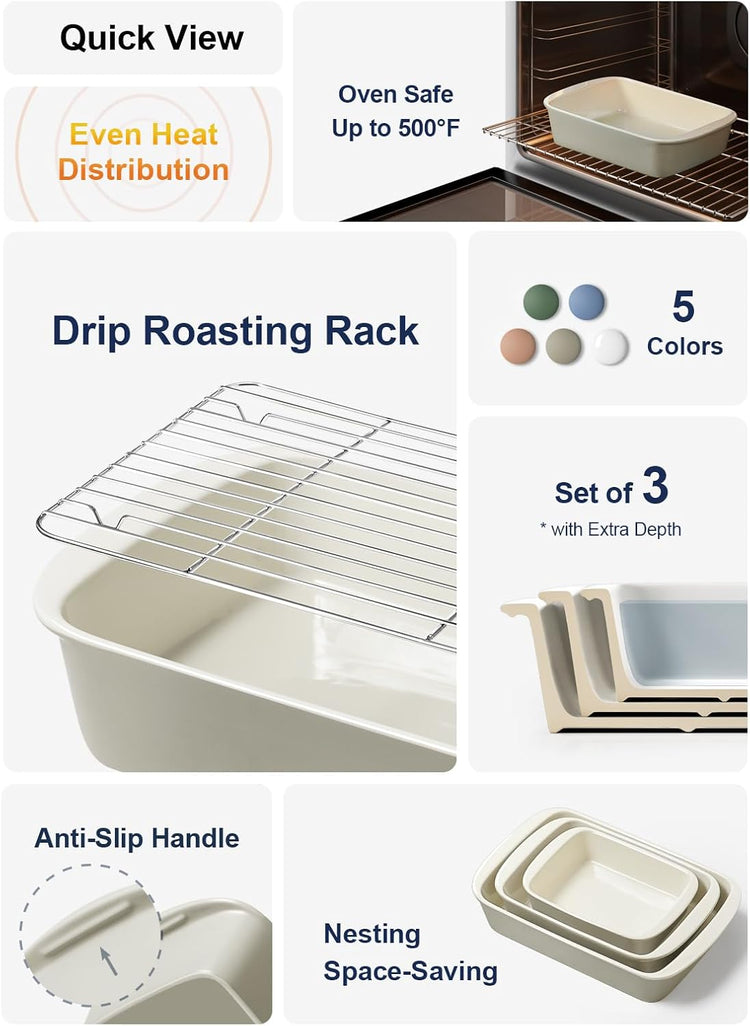 LE TAUCI Deep Casserole Dishes for Oven, 13.7”x9.6” Ceramic Baking Dish Set with Roasting Racks, Large Lasagna Pans with Handles, Rectangular Bakeware as Gift for Mom, Oatmeal Greige (4.6QT/3.0QT/1.6QT), Set of 3