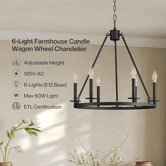 Tribesigns Wagon Wheel Chandelier 26" 6-Lights, Black Metal Rustic Ceiling Light Round Chandeliers Farmhouse for Farmhouse, Kitchen, Dining Room, Cabin Foyer, Entryway