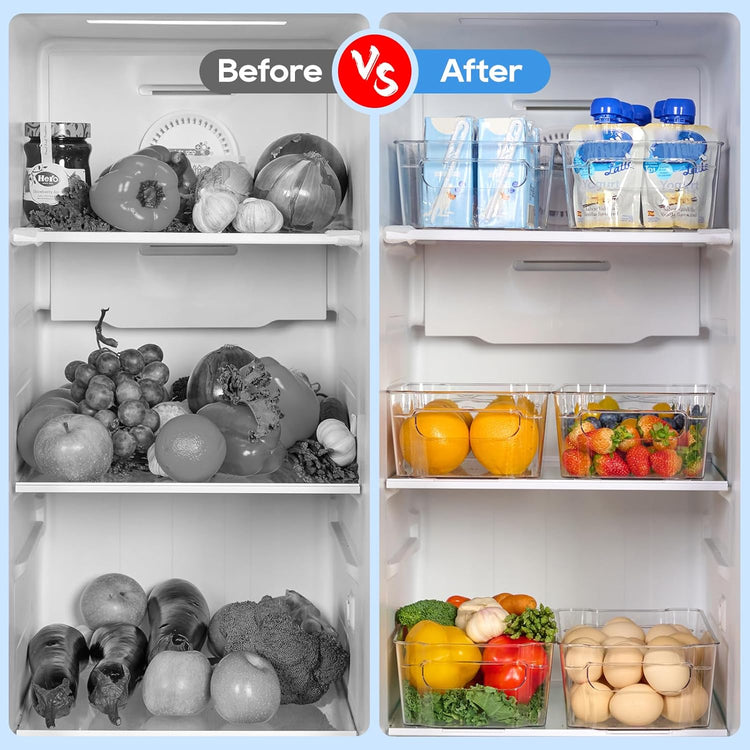JollyPack 8 Pack Clear Plastic Storage Bins, Refrigerator Organizers and Storage with Handles for Fridge, Pantry, Kitchen, Bathroom, Office, and Cabinet Organization