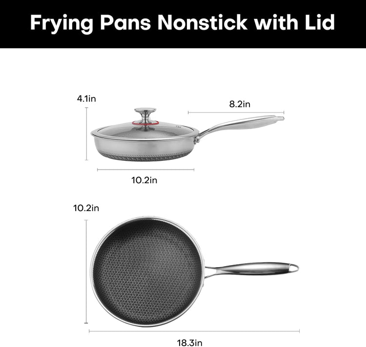 Lazycorner Non Stick Frying Pans Skillet with Lid, 10 Inch Stainless Steel Kitchen Cookware Pot, Non toxic Healthy Induction Compatible PFAS PTFE PFOA PFOS Free