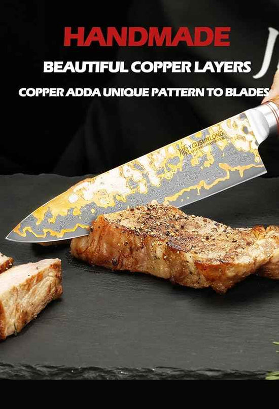 YOUSUNLONG Chef Knife - 8'' Blade Japanese Handmade Copper Damascus Steel - Professional Chef's Knife - Razor Sharp Slicing Knife - Naturel Burl Wooden Handle with Leather and Acacia Wood Box