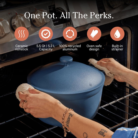 Our Place Perfect Pot - 5.5 Qt. Nonstick Ceramic Sauce Pan with Lid | Versatile Cookware for Stovetop and Oven | Steam, Bake, Braise, Roast | PTFE and PFOA-Free | Toxin-Free, Easy to Clean | Blue Salt - Nestoria
