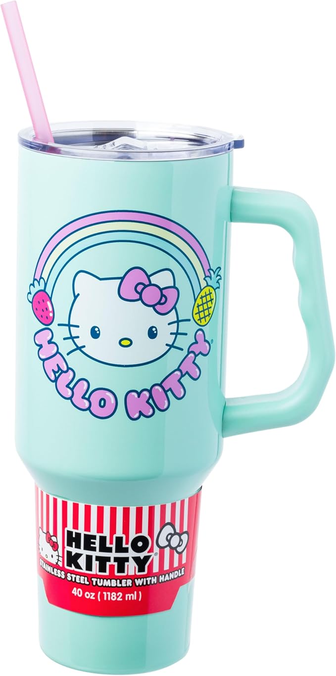 Silver Buffalo Sanrio Hello Kitty Kawaii Strawberry, Pineapple, and Rainbows Stainless Steel Tumbler with Handle and Straw, Fits in Standard Cup Holder, 40 Ounces (Pack of 12)