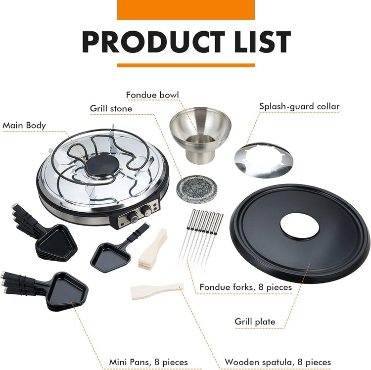 Electric Fondue Pot Sets with Barbecue Grill, 600ml Fondue Pot with 8 Forks and Electric Raclette, Dual Adjustable Thermostats, Perfect Fondue Grill Combo for Family Fun