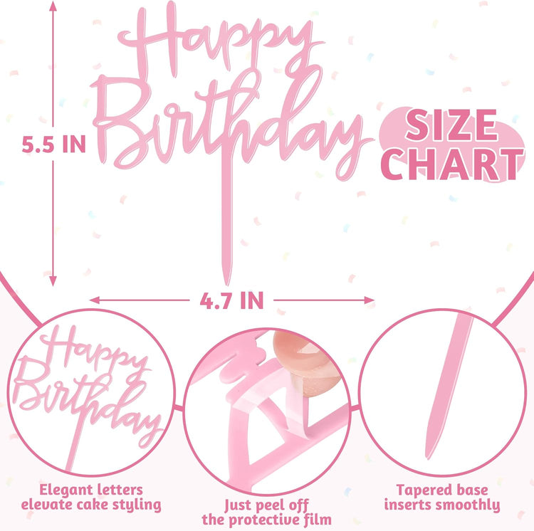 1 PCS Happy Birthday Cake Topper, 4.7 Inches x 5.5 Inches Acrylic Cake Topper, Pink Crisp Lettering Birthday Cake Decorations for Kids, Adults, Dessert, Birthdays Party, Table, Photo Booth