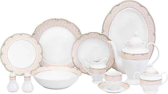 Dinnerware Set for 8-49 Piece Vintage Porcelain Dining Set - Gorgeous White and Pink Floral Design - Plates, Bowls, Cups and Saucers - For Everyday Dishes and Formal Occasions (Sandra Pink 2049)