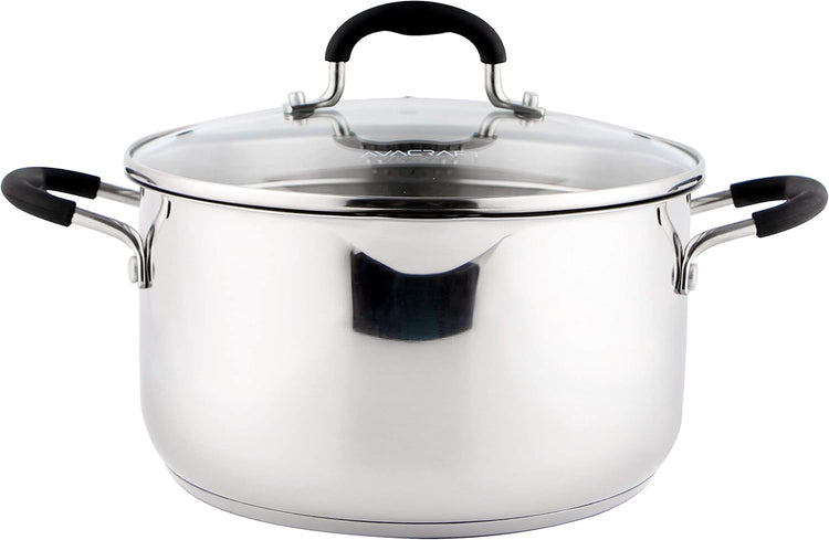AVACRAFT Stainless Steel Stockpot with Glass Strainer Lid, 6 Quart Stock Pot, Saucepan cookware, Side Spouts, Multipurpose, Sauce, Soup, Induction Pan, (5-Ply Capsule Bottom, 6QT)